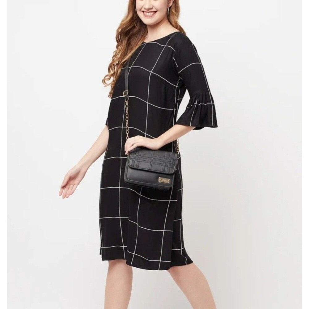 Jude Connally Lyla Shift Dress Black White Windowpane Bell Sleeve Size S